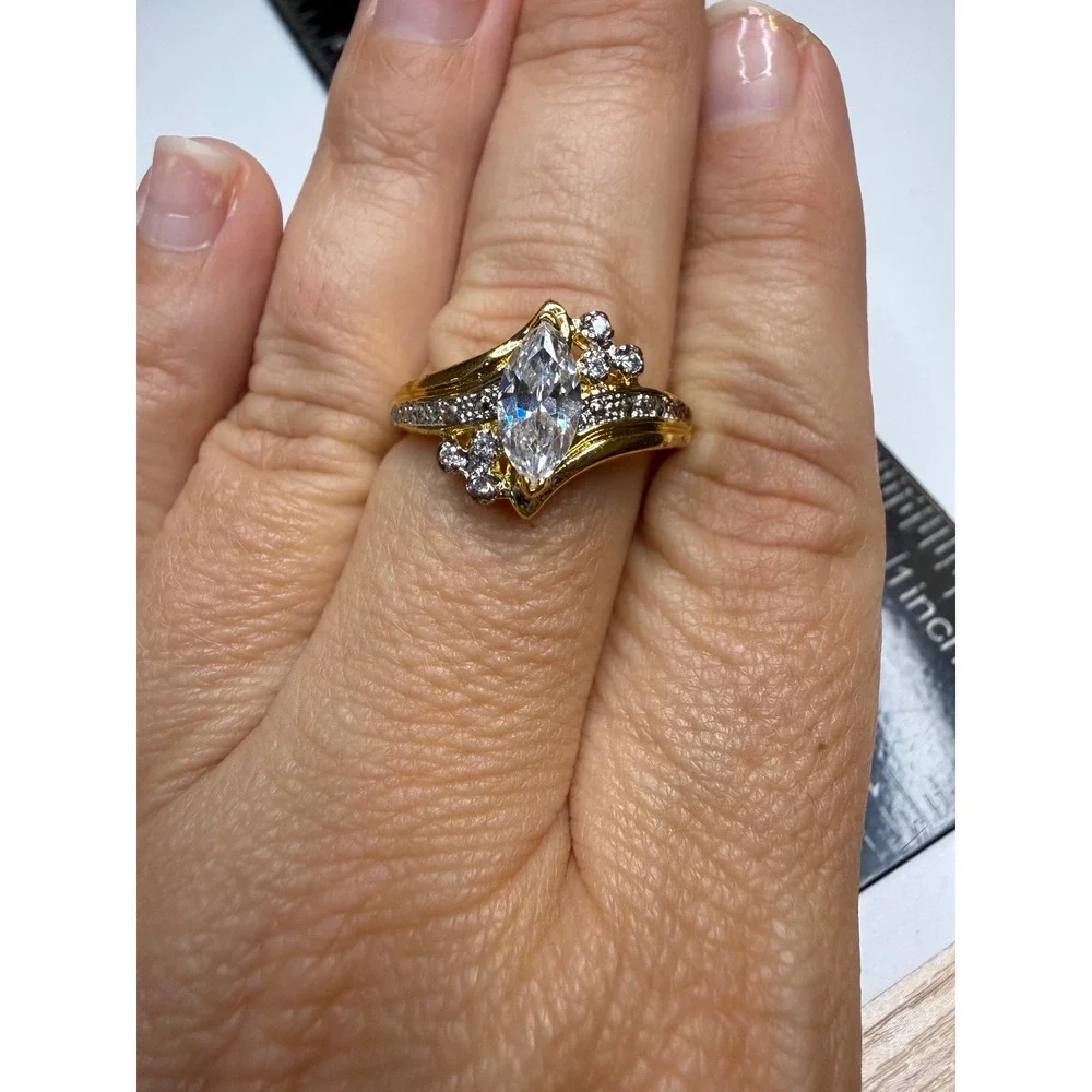 Seta Gold Tone Marquise Cubic Zirconia Bypass Cocktail Ring Size 10